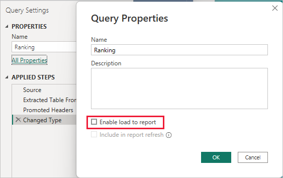Screenshot of the Query Properties dialog, highlighting the Enable load option.