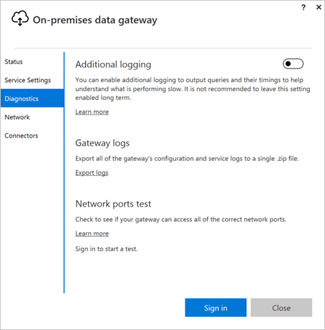 On-premises data gateway application, with Diagnostics highlighted