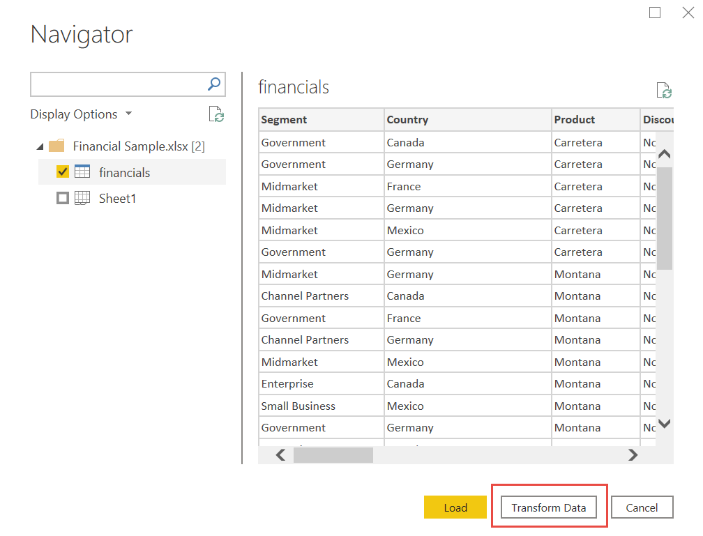 Screenshot of Power BI Navigator with Financial sample data.
