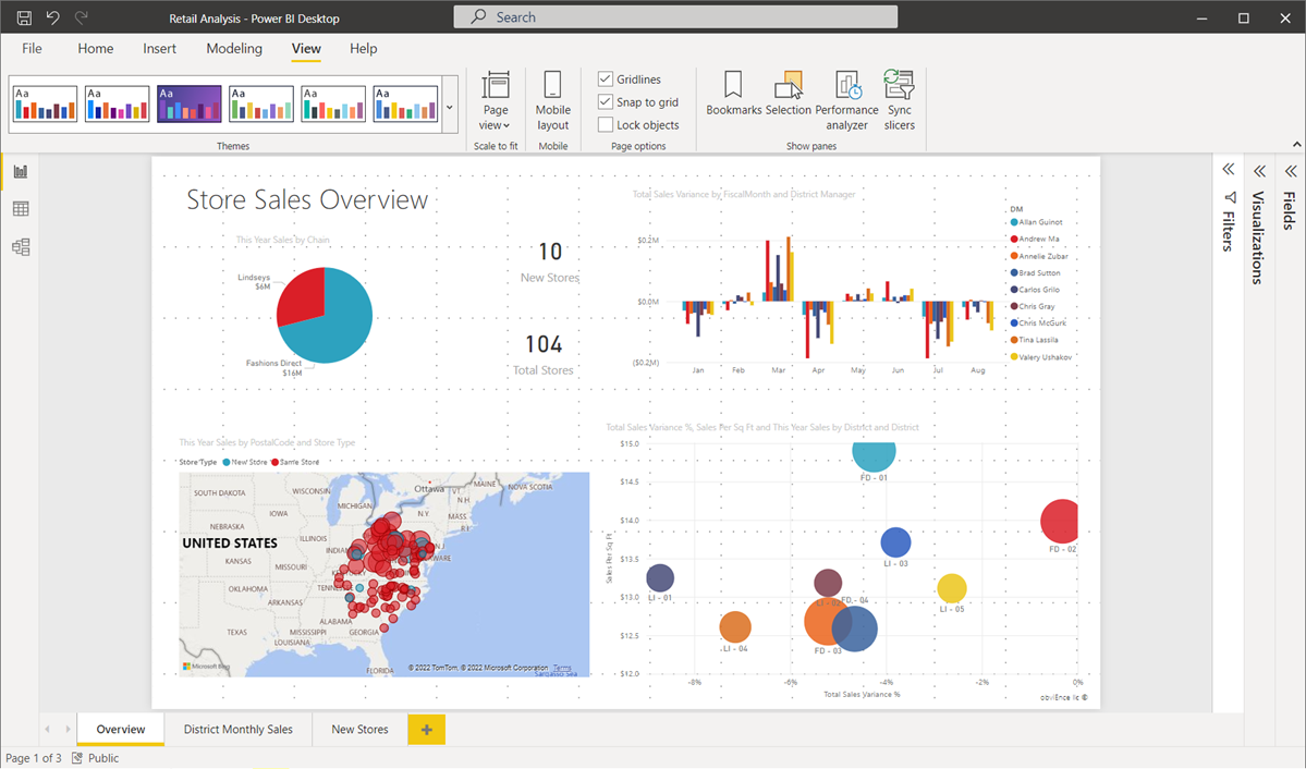 Screenshot of the report canvas, showing how to use gridlines and snap-to-grid in Power BI Desktop reports.