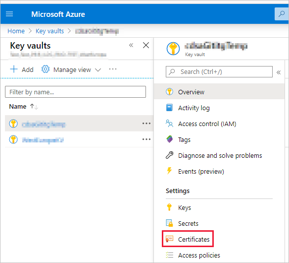 Captura de pantalla de la ventana Azure Portal, que muestra la página Almacenes de claves con el elemento Certificados resaltado.