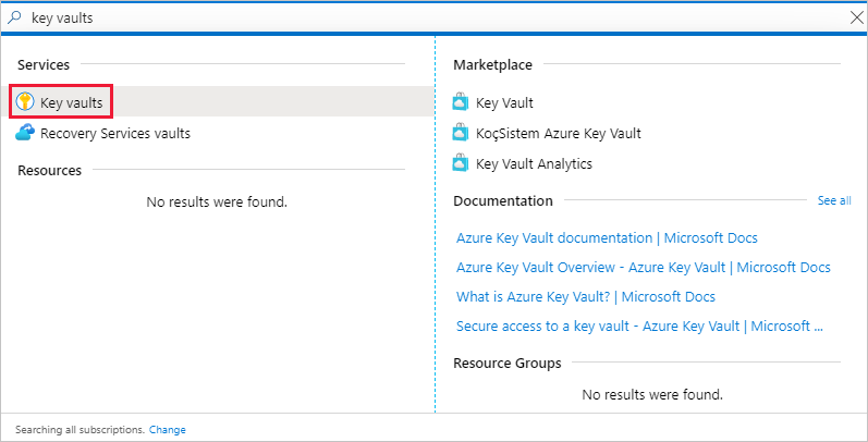 Captura de pantalla de la ventana Azure Portal, que muestra un vínculo al servicio de almacén de claves en la lista Servicios.