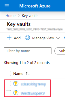 Captura de pantalla de la ventana Azure Portal, que muestra una lista de almacenes de claves desenfocados en la lista Almacenes de claves.