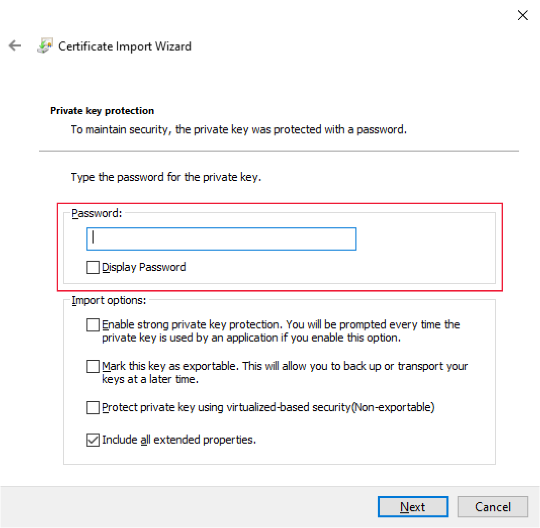 Screenshot of the certificate import wizard's private key protection window, with the password box highlighted.