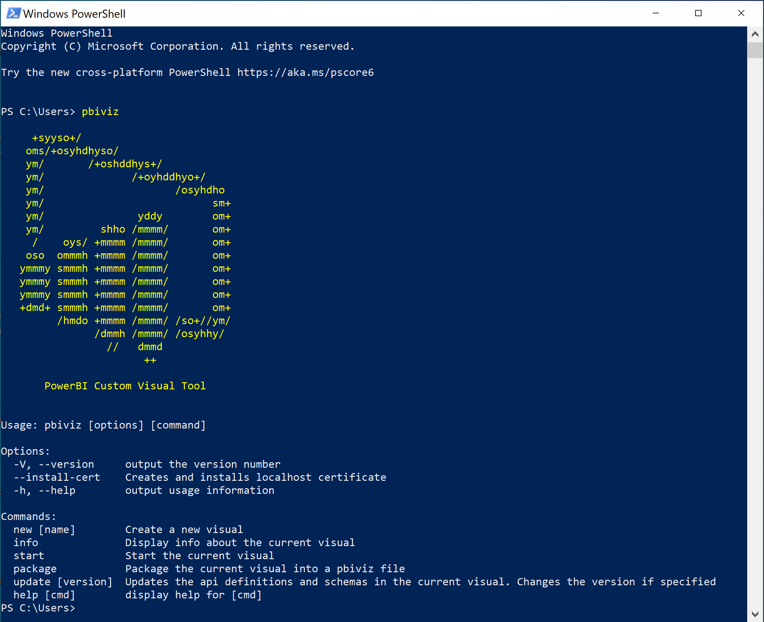 Screenshot of the output of executing the command p b i v i z in PowerShell.
