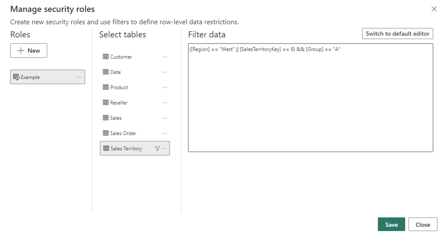Captura de pantalla de un ejemplo del uso del editor DAX en el editor de seguridad de nivel de fila mejorado.