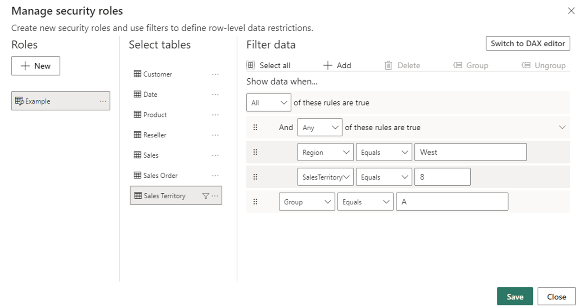 Captura de pantalla de un ejemplo del uso del editor predeterminado en el editor de seguridad de nivel de fila mejorado.