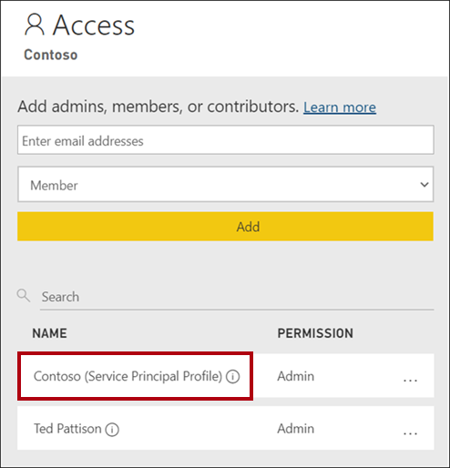 Screenshot that shows a screenshot of the workspace Access pane. It shows a service principal profile with a display name of Contoso that has admin permission.