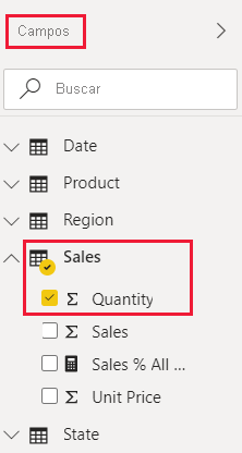 Screenshot of the Power B I service quantity field in the sales table in the U S sales analysis report.