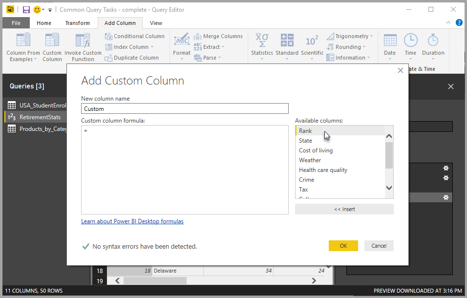 Screenshot of the Custom Column dialog box, which includes available columns to choose from.