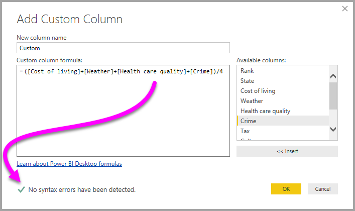 Screenshot of the Custom Column dialog box, highlighting no syntax errors have been detected and a checkmark.