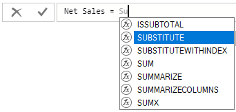 Captura de pantalla de SUM elegida de una lista en la barra de fórmulas.