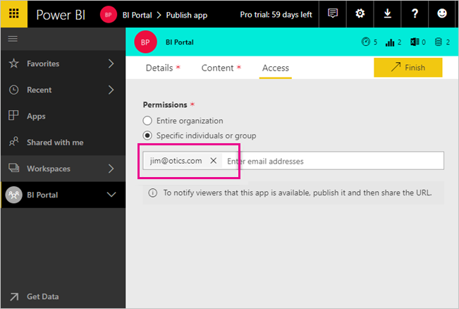 Captura de pantalla de un usuario externo agregado a la lista de acceso de aplicaciones en Power BI.