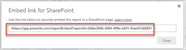 Screenshot of the Embed link dialog with the report link highlighted.