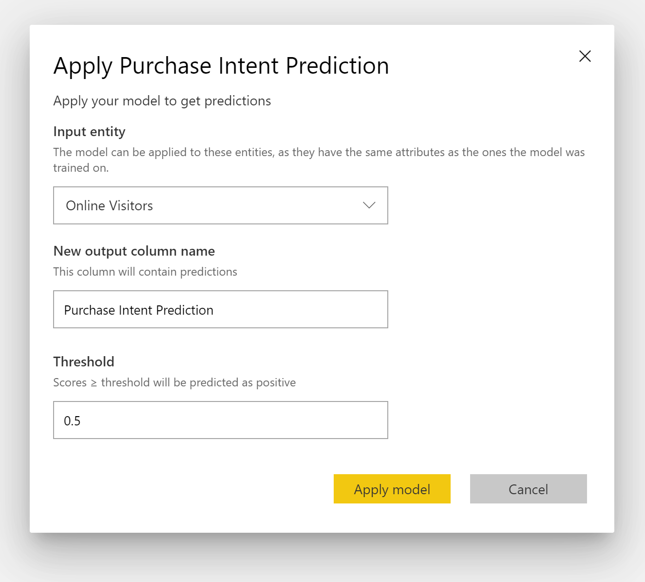 Captura de pantalla del cuadro de diálogo Aplicar predicción de intención de compra.