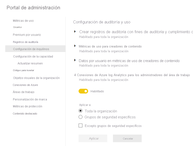 Screenshot of tenant settings in the Admin portal. Azure log analytics connections for workspace administrators is expanded and enabled.