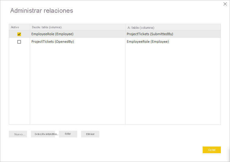 Screenshot of changing the active relationship in the Manage relationship dialog box.
