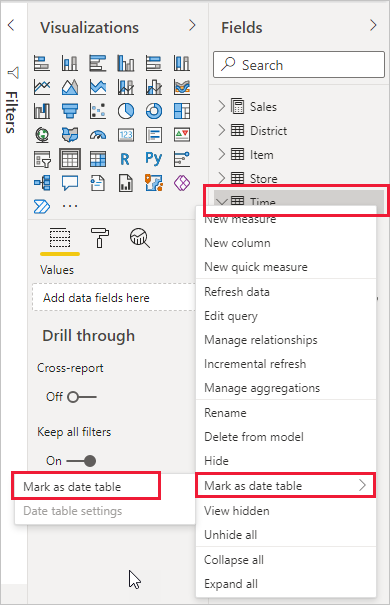 Screenshot of Power BI Desktop showing Mark as date table filter options in the Fields pane.