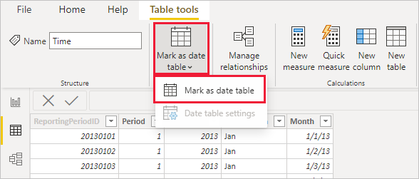 Screenshot of Power BI Desktop showing the Mark as date table button and options filter.