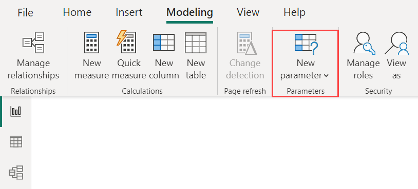 Screenshot of Power BI Desktop highlighting the New parameter button.
