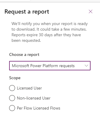 Imagen que muestra el menú desplegable para solicitudes de informes en Power Platform.