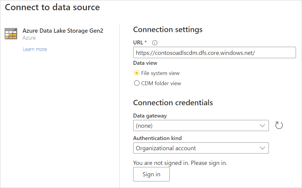 Captura de pantalla de la página de Conectar al origen de datos de Azure Data Lake Storage Gen2, con la dirección URL especificada.