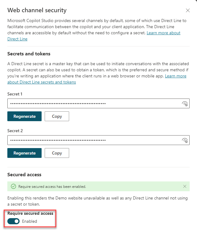Captura de pantalla que muestra la página de seguridad de canales web.
