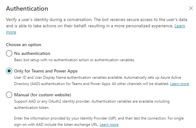Captura de pantalla del panel Autenticación que muestra las tres opciones de autenticación.
