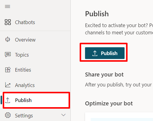 Captura de pantalla que muestra dónde encontrar el botón Publicar en la experiencia de creación de bots.