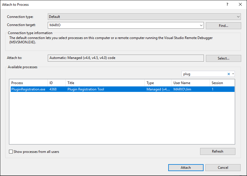 Adjuntar Visual Studio para procesar diálogo.