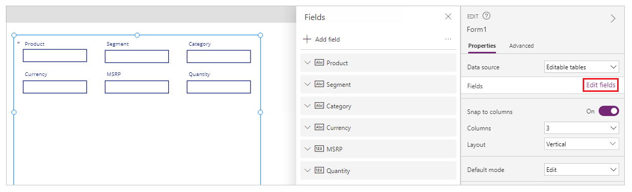 Edite campos en el control Editar formulario.