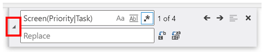 El icono Contraer modo de reemplazo en el lado izquierdo del control Find and Replace, antes de las áreas de entrada de texto