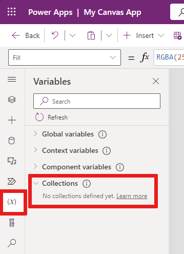 Captura de pantalla que muestra las colecciones de la aplicación que se encuentran en la sección Variables.