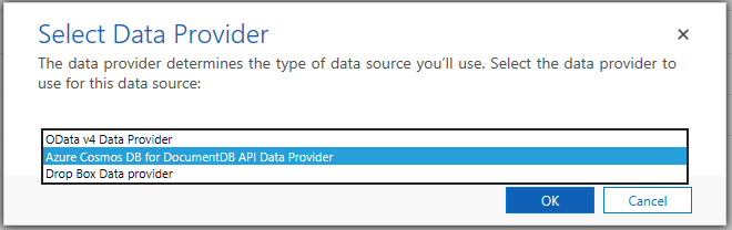 Seleccione Azure Cosmos DB para el proveedor de datos NoSQL.
