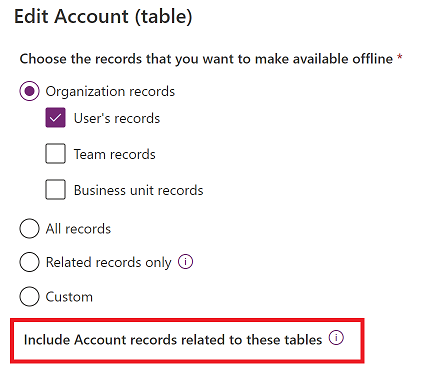 Captura de pantalla de las opciones de edición para la tabla Cuenta, con Incluir registros de cuenta relacionados con estas tablas resaltados.