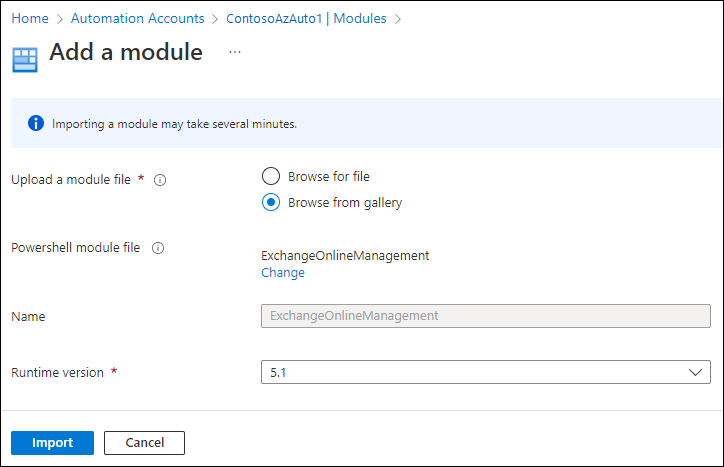 Captura de pantalla de cómo agregar un módulo a una cuenta de Automation en el Azure Portal.