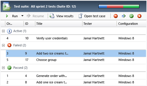 View test results and reset a test ready to re-run