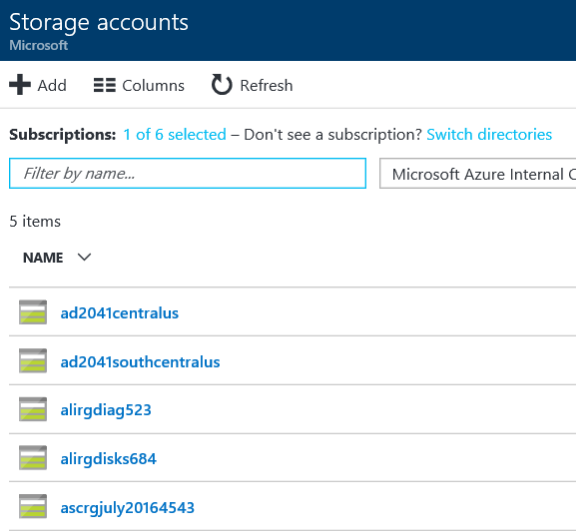 Captura de pantalla que muestra una lista de cuentas de almacenamiento