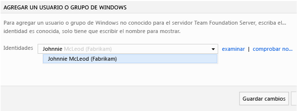 Cuadro para especificar cuenta en el cuadro de diálogo Agregar un usuario o grupo de Windows