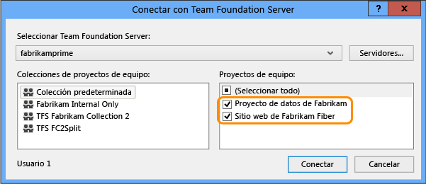 Cuadro de diálogo Conectar con Team Foundation Server