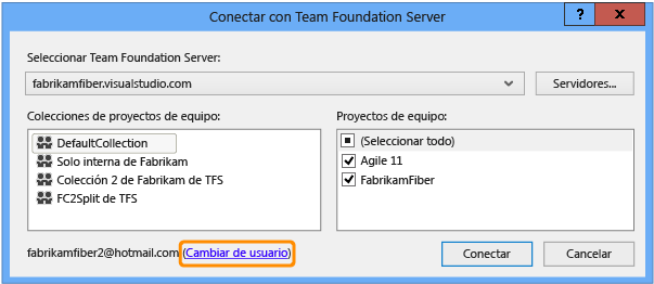 Cuadro de diálogo Conectar con Team Foundation Server