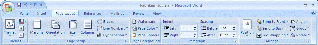 The Page Layout tab of the Word 2007 Ribbon