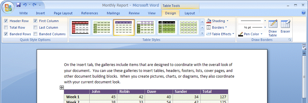Table contextual tabs in Word 2007