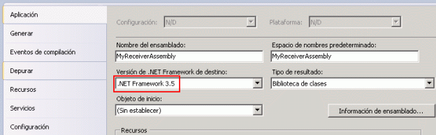 Selección de .NET Framework 3.5 como destino