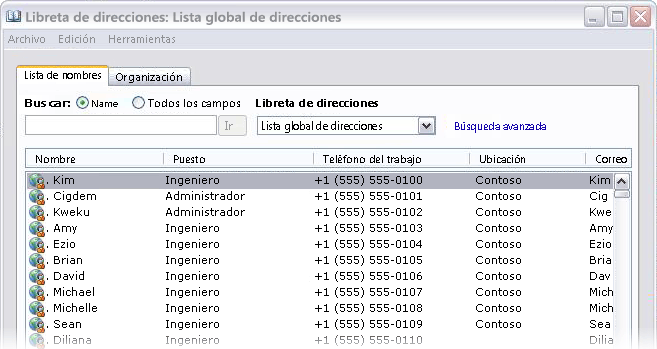 Listas de direcciones que se muestran en Outlook 2007