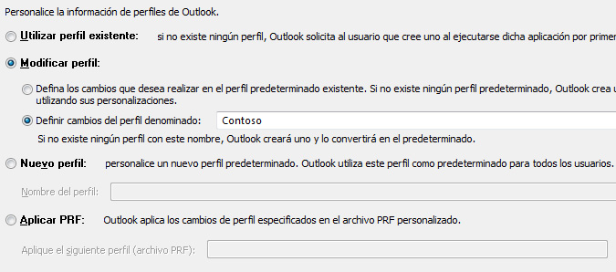 Configuración de la OCT para modificar un perfil específico de Outlook