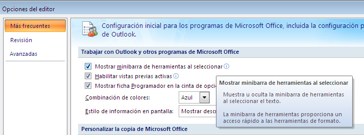 Configuración de minibarra de herramientas en las opciones del editor de Outlook