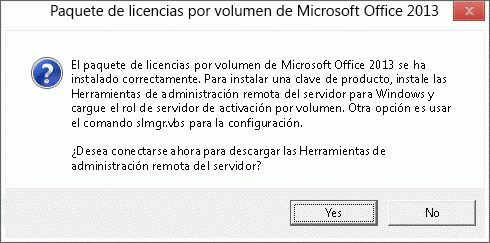 Un cuadro de diálogo que le permite instalar el paquete de licencia por volumen de Office 2013