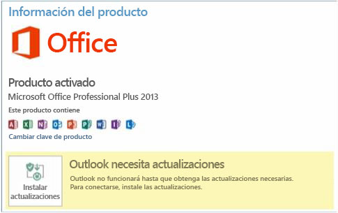 Pestaña Cuenta de Office: es necesario actualizar Outlook