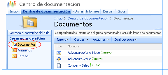 Biblioteca de SharePoint con elementos del servidor de informes